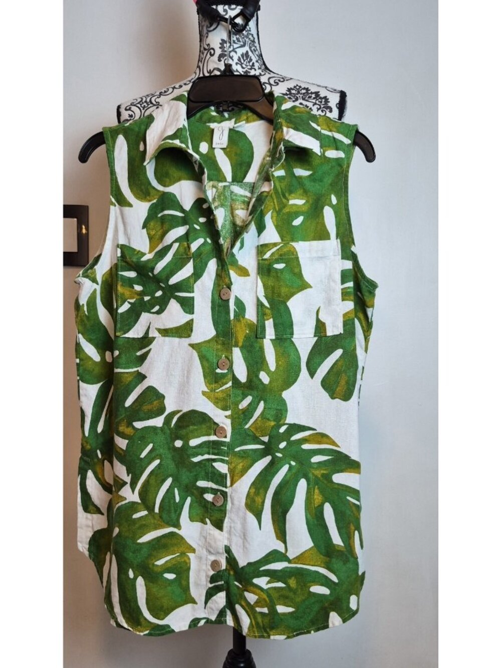 Joie Womens L Sleeveless Button Down Top Tropical Monstera Leaf Print Linen